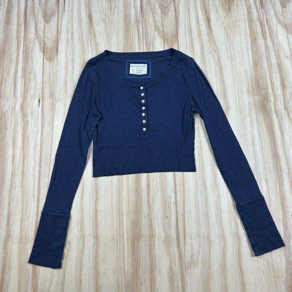 Vintage Y2K Aeropostale Women's Medium Blue Ribbed Baby Tee Long Sleeve Henley